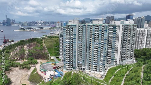 Hong Kong  Kowloon Bay Ngau Tau Kok Kwun Tong Lam Tin Cha Kwo Ling Yau Tong ,a commercial and residential seaside satellite town, built on a bay in CBD of Hong Kong, Aerial drone City skyview photo