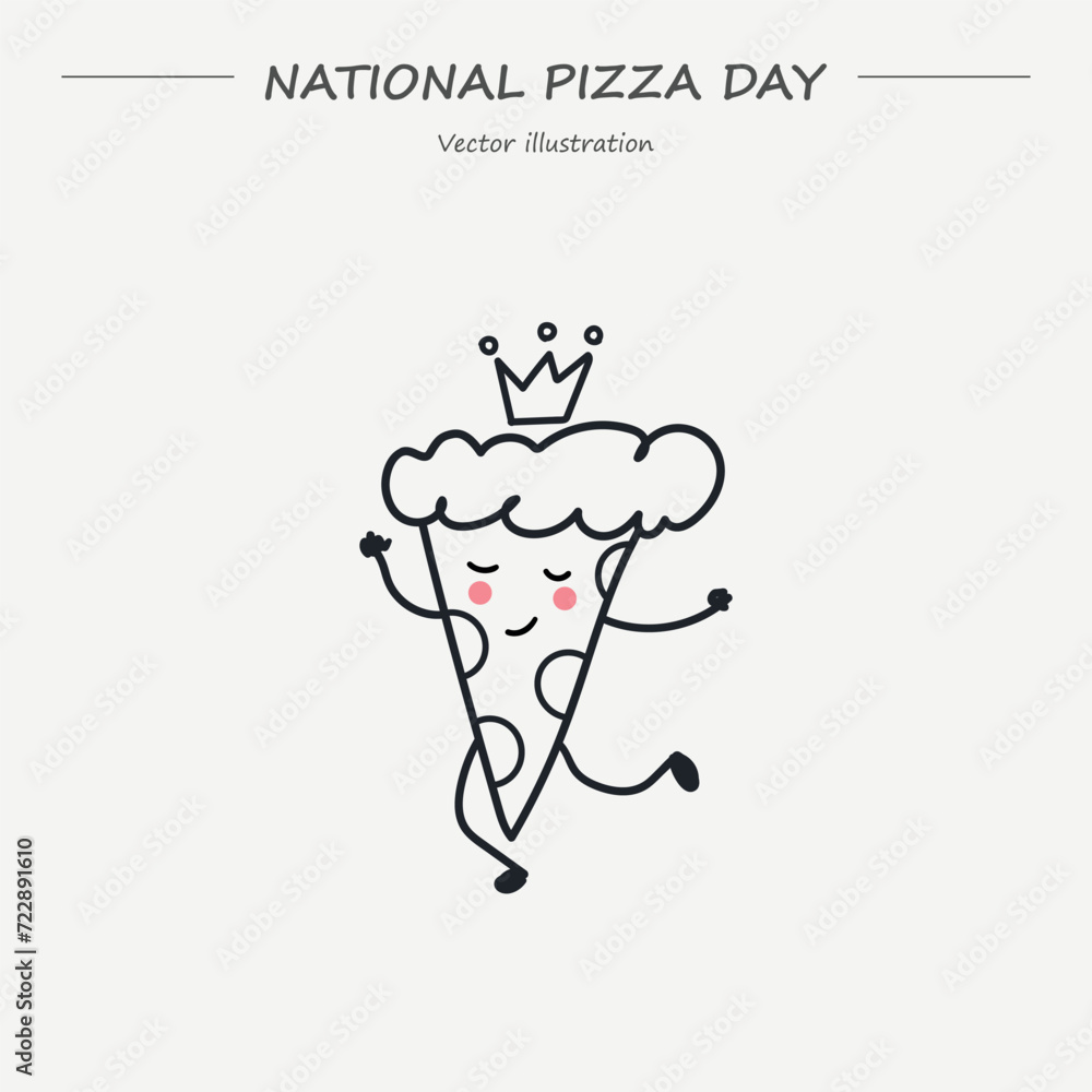 National Pizza Day vector. A cartoon slice of pizza with a crown on it. Pizza Day clip art and outline icon February 9. National Pizza Day vector. A cartoon slice of pizza with a crown on it. Pizza Day clip art and outline icon February 9.