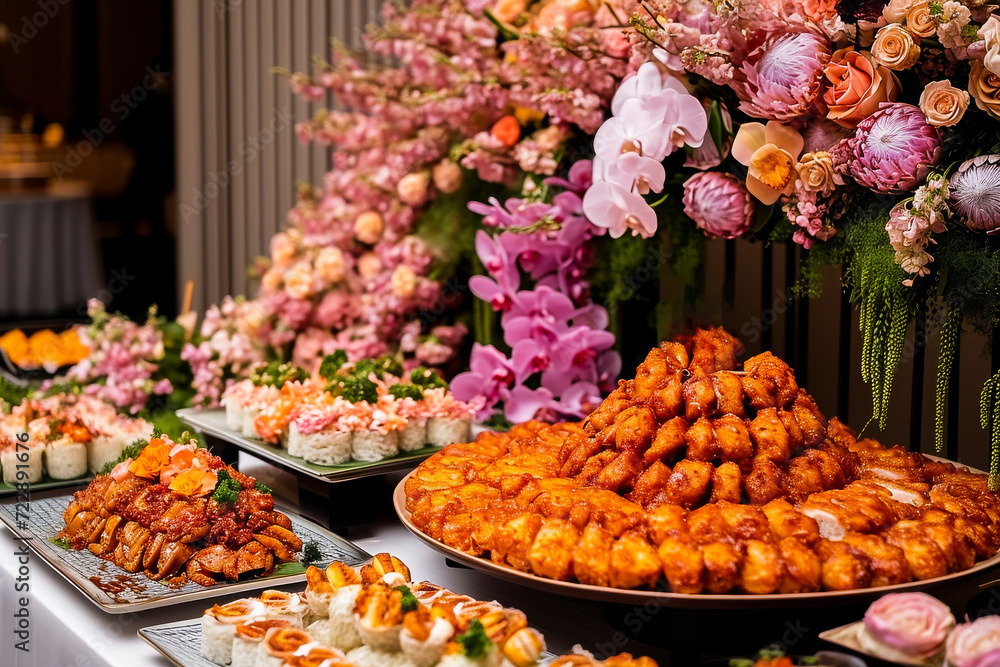 Elegant buffet table at a banquet with variety of gourmet food, floral decorations, and luxury appetizers.