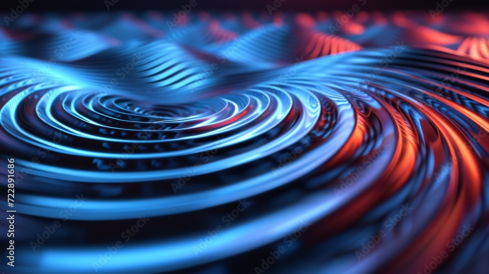 Modern digital waves in neon light. The change in the frequency of a wave circles in relation to an observer who is moving relative to the source of the wave Modern digital waves in neon light. The change in the frequency of a wave circles in relation to an observer who is moving relative to the source of the wave