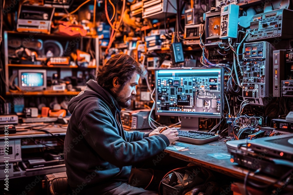 A man in a hoodie is focused on repairing electronic circuits in a high-tech workshop full of equipment. A man in a hoodie is focused on repairing electronic circuits in a high-tech workshop full of equipment.