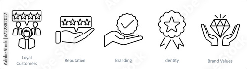 A set of 5 Branding icons as loyal customer, reputation, branding