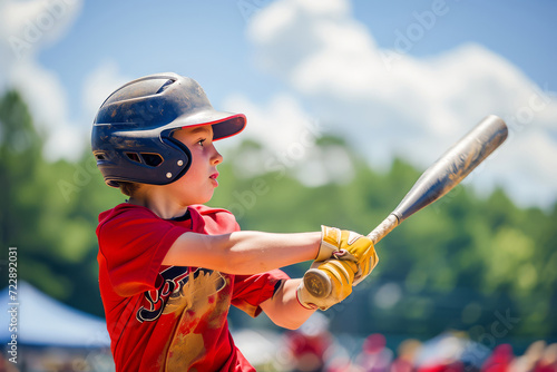 Young baseball player in a red jersey swinging the bat at a little league game on a sunny day.