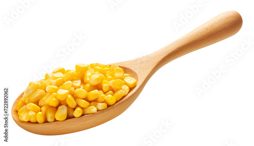 Corn cereal seeds ,Fresh corn kernels in wooden scoop cut isolated on transparent background cutout, PNG file.