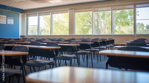 Empty classroom with rows of desks and chairs photo