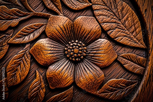A detailed wood carving of a flower with leaves, showcasing exquisite artisan craftsmanship. photo
