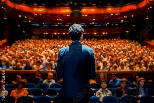 A confident businessman stands on stage facing a large audience during a professional seminar or conference.