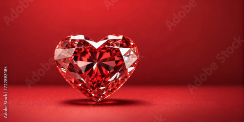 red heart-shaped diamond on red background empty space