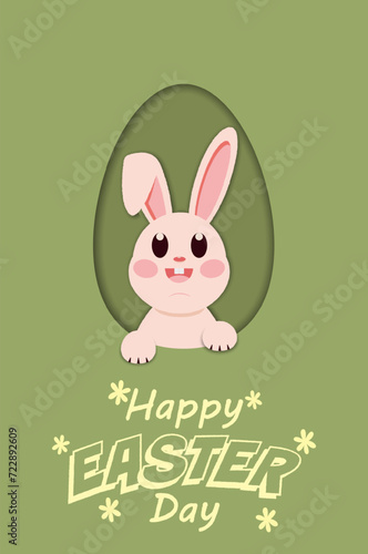 Green color simply easter card with bunny rabbit in egg shape frame  paper cut style. Modern concept background. Vector illustration.