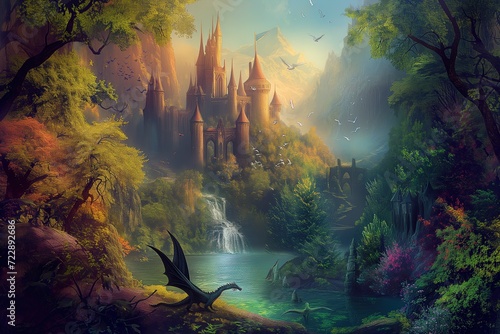 Mystical Forest with Dragon and Ancient Castle