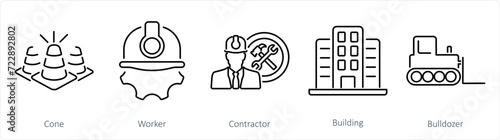 A set of 5 Build icons as cone, worker, contractor
