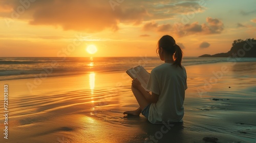 Woman Reading Book on Beach at Sunset