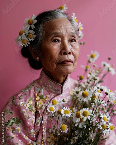  Serene asian elder woman in kimono with white hair adorned with spring daisies and a bouquet photo