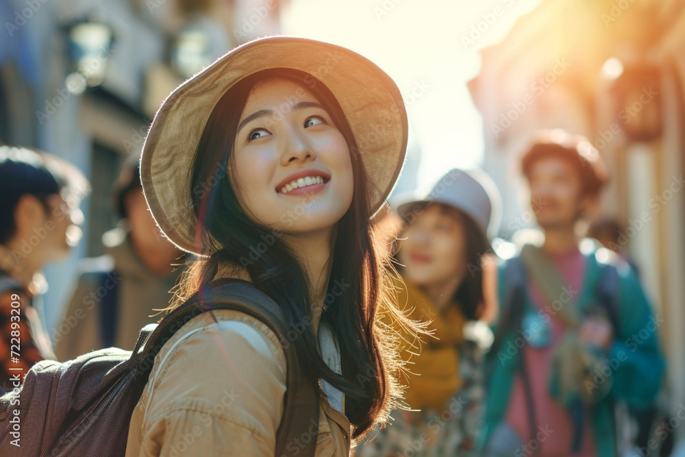 Portrait of a happy Asian young woman tourist, selective focus