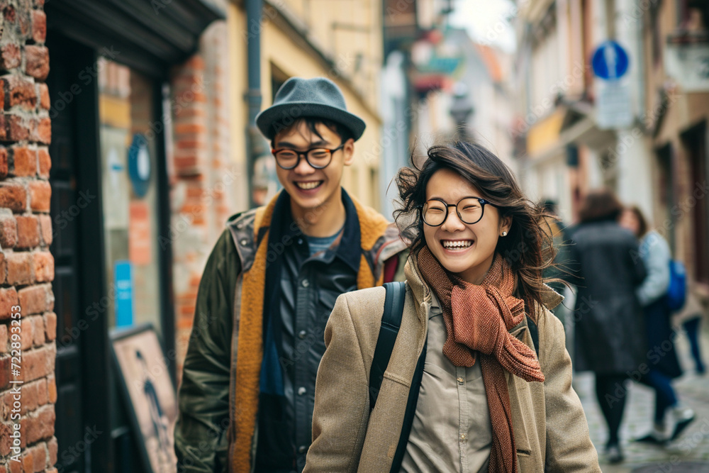 Happy Asian young woman and man on the street, female tourists, selective focus Happy Asian young woman and man on the street, female tourists, selective focus