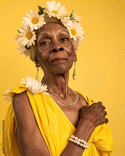 Dignified afro-american senior woman with wreath of  spring flowers at studio with yellow background, cultural pride