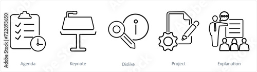 A set of 5 Business Presentation icons as agenda, keynote, dislike