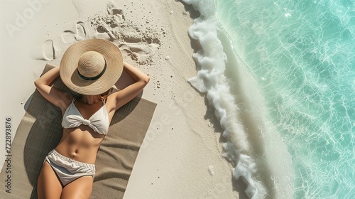 A woman enjoys sunbathing in tranquility, dressed in a trendy sunhat and sunglasses, reclining on a beach towel against a backdrop of pristine white sand and gentle waves in soft morning light.