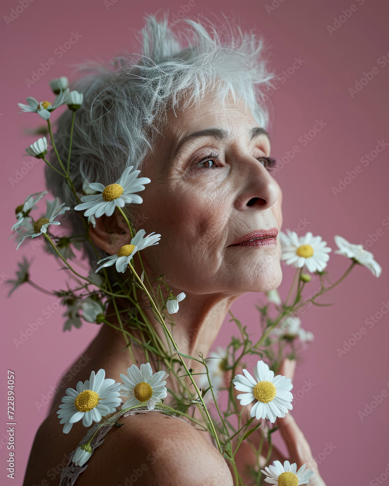 Studio portrait of elegant mature woman with springtime flowers against
