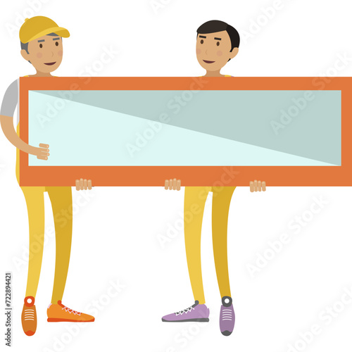 Loaders carrying mirror or window frame with glass vector icon isolated on white