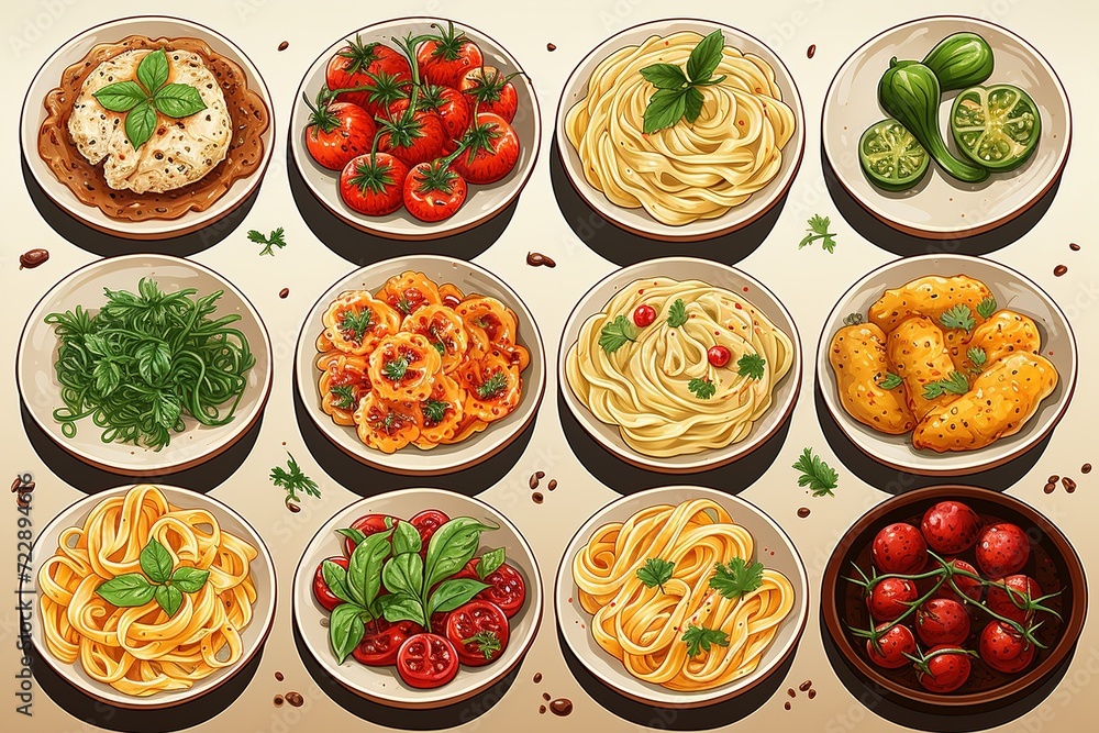 Uncooked pasta. 12 different plates with pasta illustration Uncooked pasta. 12 different plates with pasta illustration