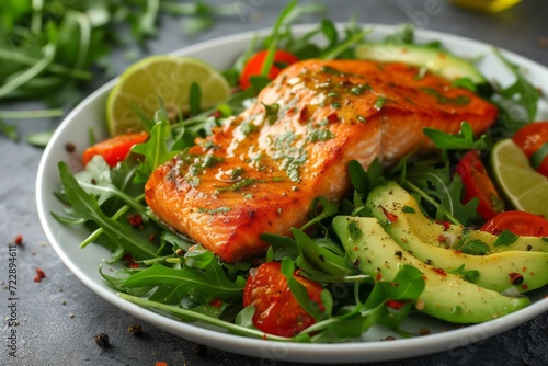 salmon and avocado salad with arugula and lime. healthy lunch. keto diet food