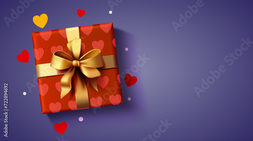 3d Present box composition with hearts and confetti. Happy Valentine's day.
