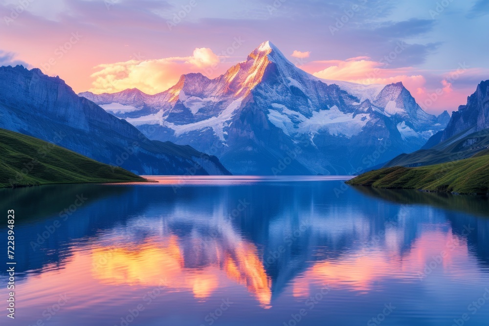 Sunrise view on Bernese range above Bachalpsee lake. Peaks Eiger, Faulhorn in famous location in Switzerland alps
