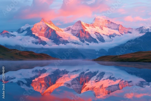 Sunrise view on a Bernese range above Bachalpsee Lake. Peaks Eiger, Jungfrau, and Faulhorn infamous locations in Switzerland's Alps, Grindelwald valley  photo