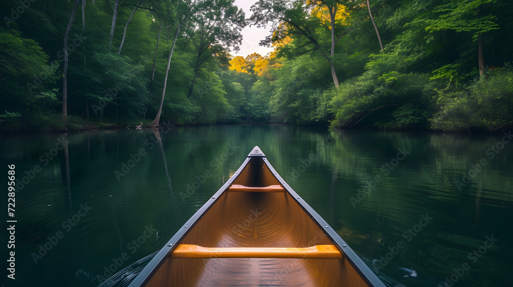 Fototapeta premium A canoe on a tranquil river, with lush forests on either side as the background, during a peaceful summer evening