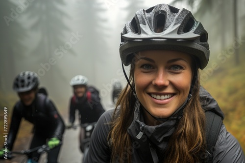 young woman in cycling gear smiling in the forest