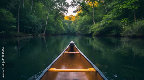 Wallpaper Mural A canoe on a tranquil river, with lush forests on either side as the background, during a peaceful summer evening Torontodigital.ca