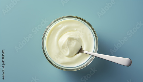 glass bowl of creme fraiche with a spoon photo