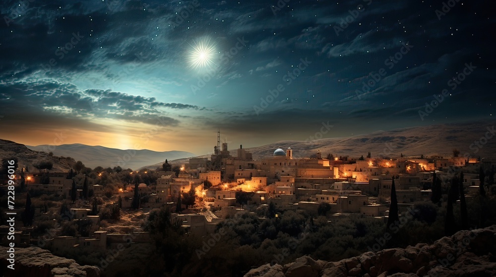 Bethlehem, a beacon of hope and wonder. Celestial radiance, Bethlehem's enchantment, Christmas symbol, spirituality, awe. Generated by AI.
