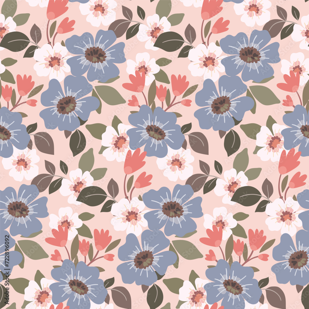 Seamless floral pattern, abstract ditsy print in romantic retro style. Cute botanical surface design: hand drawn flowers, leaves, wild meadow in light pastel colors. Vector illustration.