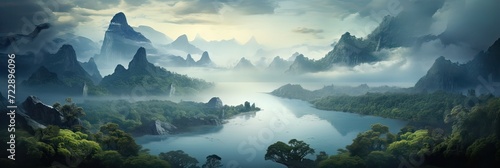 A peaceful lake nestled amidst misty mountains, radiating serenity and tranquility. Mountain majesty, misty peaks, calm waters, mountain serenity, serene escape, natural beauty. Generated by AI.