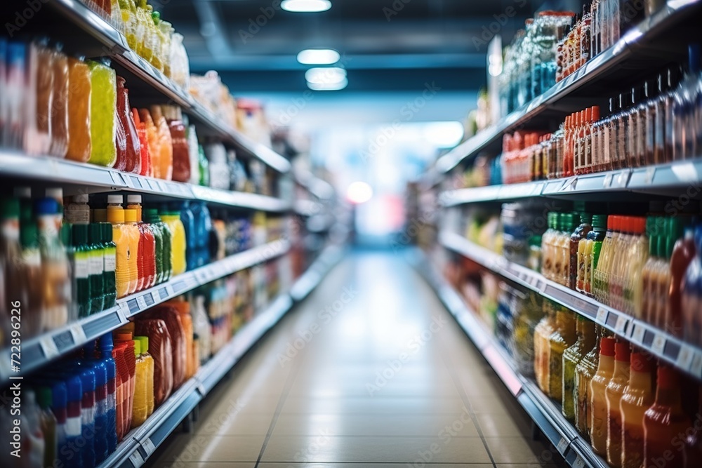 Blurred supermarket aisle with colorful products - obrazy, fototapety, plakaty 