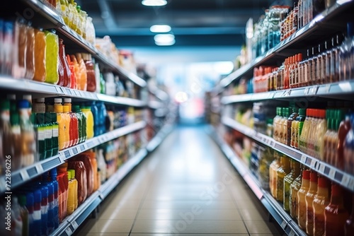 Blurred supermarket aisle with colorful products photo