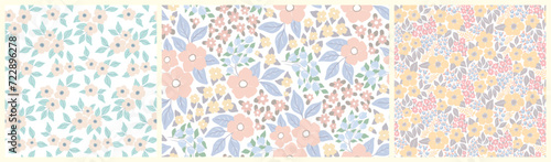 Seamless floral pattern, abstract ditsy print, romantic flower ornament in a collection. Cute botanical design of hand drawn flowers, leaves, decorative art flora in pastel colors. Vector illustration