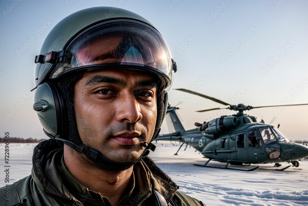 a male combat pilot, donned in a military flight suit, standing in front of an arial vehicle a male combat pilot, donned in a military flight suit, standing in front of an arial vehicle