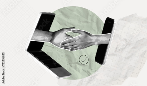 Trendy Halftone Collage with Human Hands Shaking. Online meeting. Concept of business, success, teamwork. Deal agreement. Computer laptop and mobile phone. Contemporary vector art illustration