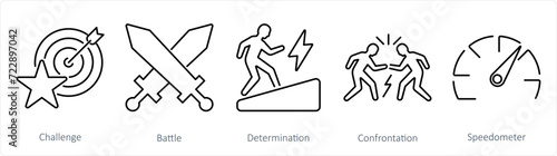 A set of 5 Challenge icons as challenge, battle, determination