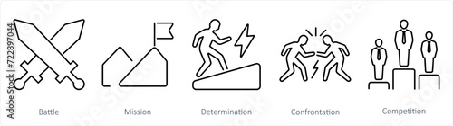 A set of 5 Challenge icons as battle, mission, determination