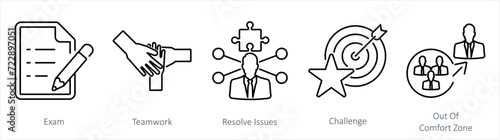 A set of 5 Challenge icons as exam, teamwork, resolve issues