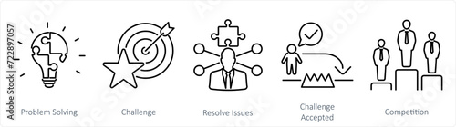 A set of 5 Challenge icons as problem solving, challenge, resolve issues