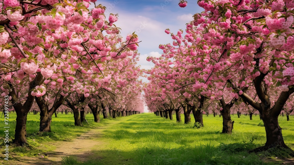 Orchard beauty, fragrant blossoms, lively springtime, colorful blossoms. Generated by AI.