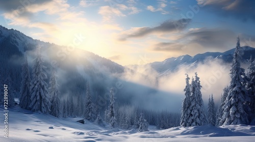 Crisp, sparkling, winter wonderland, frosty, nature's brilliance, icy, cold, tranquil, snowy landscape. Generated by AI.