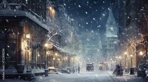 Snowflakes, cityscape, winter magic, snowy streets, serene beauty, urban charm, holiday season. Generated by AI.