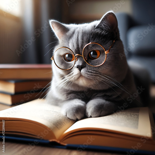 A cat with glasses is reading a book