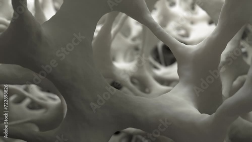 Smooth camera glide in a 3D animation showcasing the intricate details of healthy spongy bone tissue under electron microscope-like lighting. photo